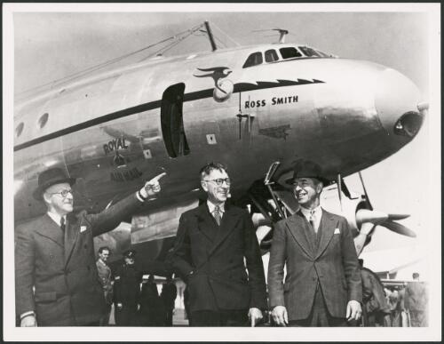 Mr Drakeford, Minister for Air and Civil Aviation, Mr Hudson Fysh and Sir Keith Smith in front of the first Qantas Constellation, named Ross Smith, on its arrival at Kingsford Smith Airport, Sydney, 1947 [picture]