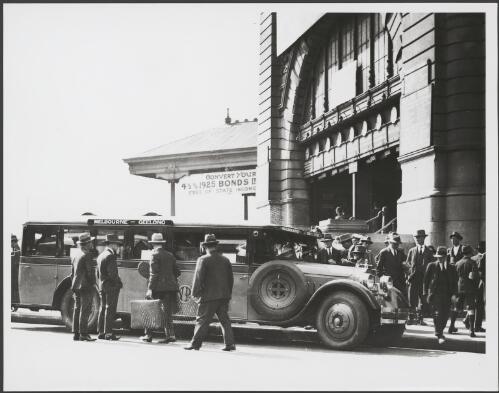 Melbourne to Geelong bus run by the Victorian Railways, outside the entrance to Flinders Street Station, Melbourne, ca. 1935, 1 [picture]