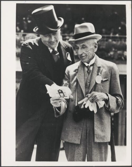 Opposition leader R.G. Menzies and former Prime Minister WM Hughes at the racetrack, Flemington, Victoria, 8 April 1947 [picture]