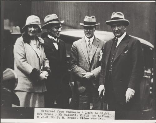 From left, Mrs Ethel Bruce, Mr Henry Somer Gullett, MHR, Mr John Greig Latham, MHR, Mr Stanley Melbourne Bruce, Prime Minister, returning to Melbourne from Canberra, ca. 1927 [picture]