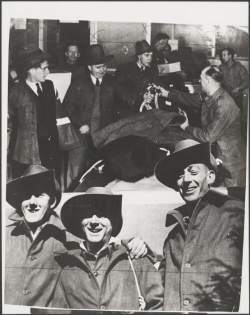 Composite photograph showing three men in slouch hats and men being recruited for new divisions of the Australian Imperial Force, Caulfield Racecourse, Melbourne, 25 May 1940 [picture]