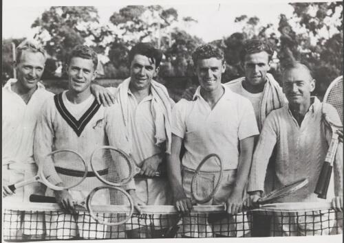 Australian Davis Cup team, consisting of John Bromwich, John Worthington, Mervyn Rose, Frank Sedgman, Ken McGregor, and captain Harry Hopman, New York, USA, 1950 [picture]