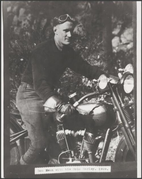 Don Swan with his solo Harley, 1929 [picture]