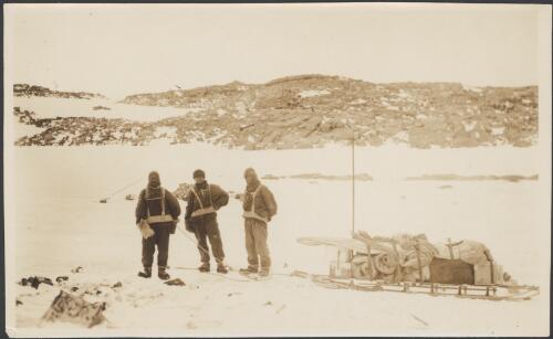 [John Close, Frank Stillwell and Charles Laseron ready to pull a laden sledge, Australasian Antarctic Expedition, 1911-1914] [picture] Hunter