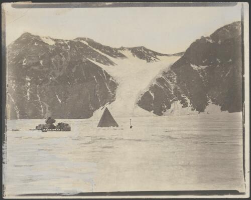 Cliff glacier falling on the surface of Ferrar Glacier, [Australasian Antarctic Expedition, 1911-1914] [picture]