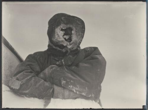 [A member of the party with ice around the exposed part of his face, Australasian Antarctic Expedition, 1911-1914] [picture]/ Hoadley