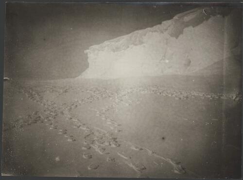 [Footsteps in the snow with ice clad cliffs in the background] [picture] / [C. Archibald Hoadley]