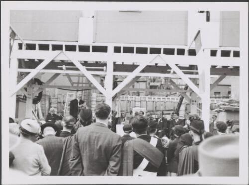 Very Reverend Monsignor Walter Hurley speaking at  the laying of the Foundation stone of the Irish Nationalist Association of Australia Cultural Centre by the Charge d'Affaires of Ireland, Michael Skentelbery, 64 Devonshire Street, Sydney, 17 April 1955, 1