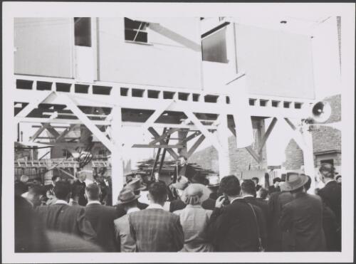 Reverend Dr William Leonard speaking at the laying of the Foundation stone of the Irish Nationalist Association of Australia  Cultural Centre by the Charge d'Affaires of Ireland, Michael Skentelbery,64 Devonshire Street,  Sydney, 17 April 1955