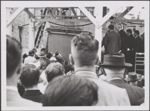 Mr Michael Skentelbery, Charge d'Affaires for Ireland, setting the Foundation stone of the Irish Nationalist Association of Australia Cultural Centre, 64 Devonshire Street, Sydney, 17 April 1955