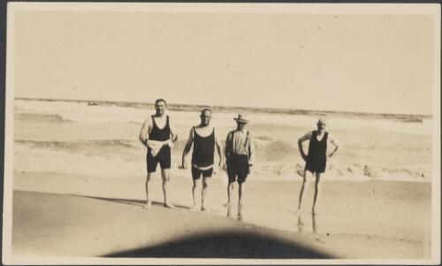 Ben Haynes and three other men on the beach, Sydney, approximately 1930 / Albert Dryer
