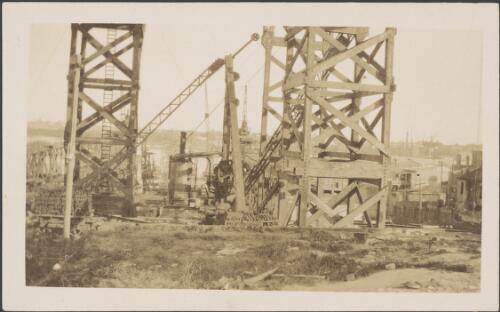 Construction site near houses and water, Sydney?, approximately 1930 / Albert Dryer