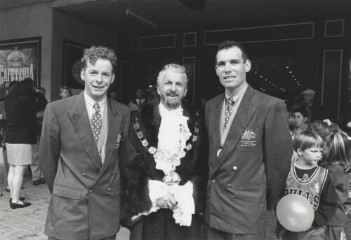 "Welcome home Olympians". Wangaratta City Mayor, Mr Ray Lawford, welcomes two Gold Medal winners at The Commonwealth Games, Canada, 1994 -  Mr Damien McDonald (left) and Mr Dean Woods (right). 7/10/1994 [picture] / photography by Raymond de Berquelle