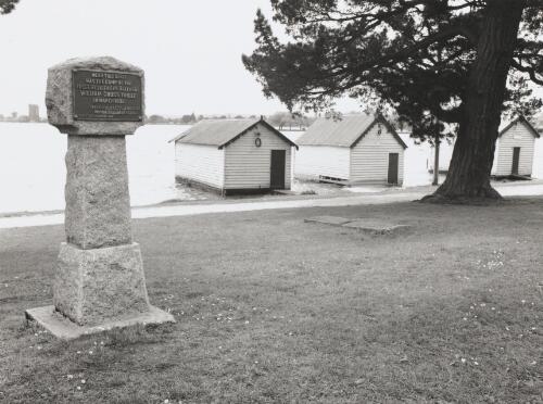 Memorial of the site of Ballarat's first resident, with boat sheds in background, Lake Wendouree, Ballarat, Victoria, 1994 [picture] / Grant Ellmers