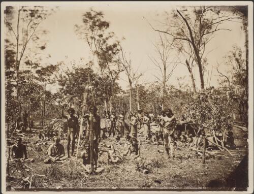 Aboriginal group at their camp, Palmerston, Cavenaugh Square, April 1874 [picture] / P. Foelsche