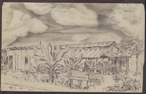[Prisoners in front of building, Changi, 1942-1945] [picture] / [J.N.D. Harrison]