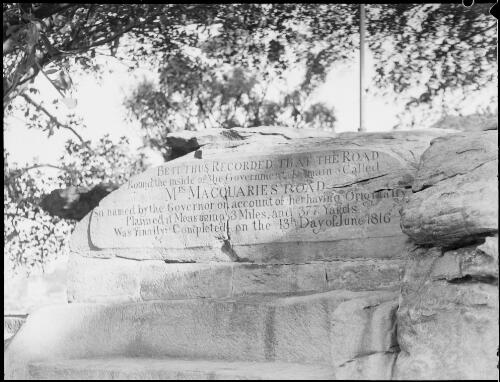 Inscription from Mrs Macquarie's chair, Royal Botanic Gardens, Sydney, ca. 1945 [picture] / E.W. Searle