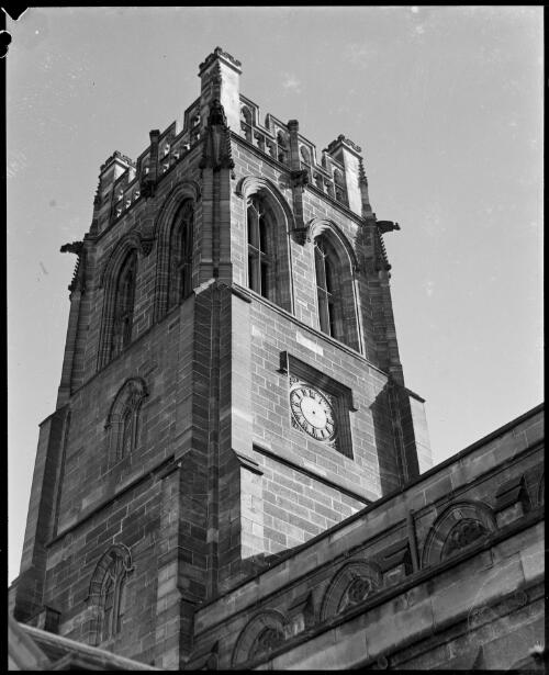 Close view of the tower of St. Philip's Anglican Church, York Street, Church Hill, Sydney, ca. 1945 [picture] / E.W. Searle
