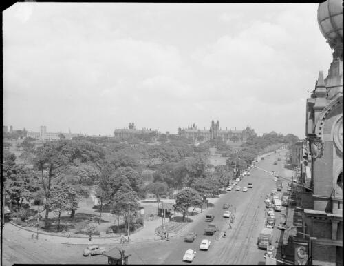 View of the Quadrangle and the Anderson Stuart Building, across Parramatta Road and Victoria Park, University of Sydney, Camperdown, Sydney, ca. 1950 [picture] / E.W. Searle