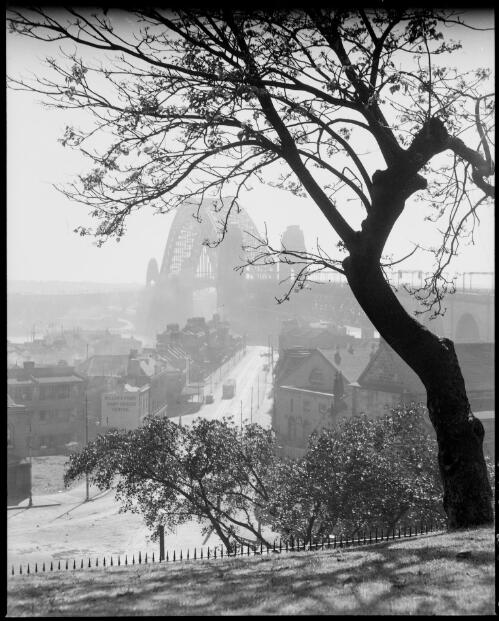 View of the Sydney Harbour Bridge and Lower Fort Street from Observatory Hill, Sydney Harbour, ca. 1935 [picture] / E.W. Searle