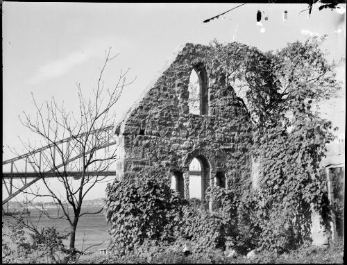 Church ruins with Sydney Harbour Bridge in the background, Sydney Harbour, ca. 1935, 2 [picture] / E.W. Searle