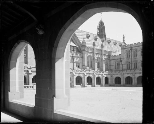 Fisher Library viewed through the arches inside the Quadrangle, University of Sydney, Camperdown, Sydney, ca. 1935, 2 [picture] / E.W. Searle