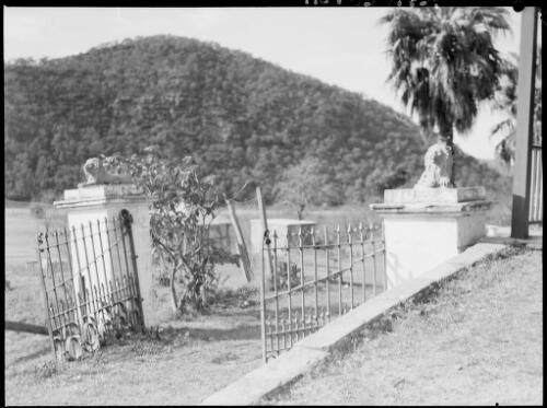 Entrance gates to Solomon Wisemans house, Wisemans Ferry, Hawkesbury River, New South Wales, ca. 1945 [picture] / E.W. Searle