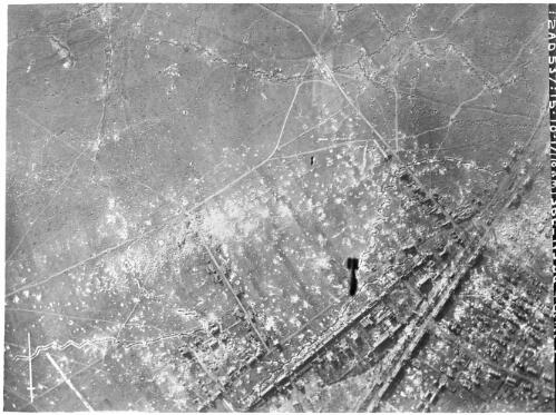 Overhead view of bombs being dropped onto trenches, France, ca. 1916 [picture]