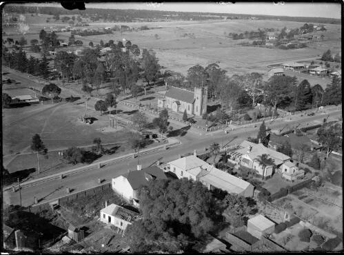 Aerial view of St. Peter's Church, Campbelltown, New South Wales, ca. 1935 [picture] / E.W. Searle