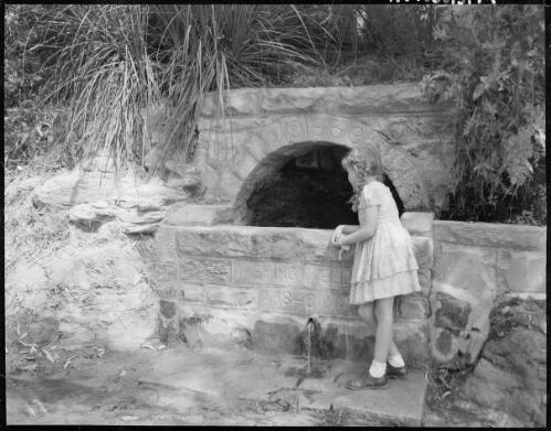 Girl standing beside a wishing well, Ilford, New South Wales, ca. 1946 [picture] / E.W. Searle