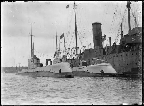 HMAS Oxley and HMAS Otway moored alongside HMAS Platypus, Sydney Harbour, ca. 1929 [picture] / E.W. Searle