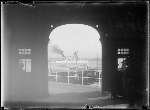 HMAS Sydney viewed from Man-o-War steps, Sydney Harbour, ca. 1928 [picture] / E.W. Searle