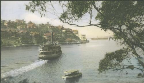 Ferry Kirawa passing moored boat, leaving Mosman Bay, Sydney, ca. 1935, 1 [picture] / E.W. Searle
