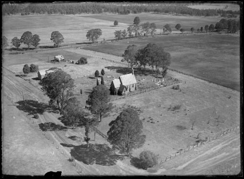 Aerial view of an unidentified church, New South Wales, ca. 1945 [picture] / E.W. Searle