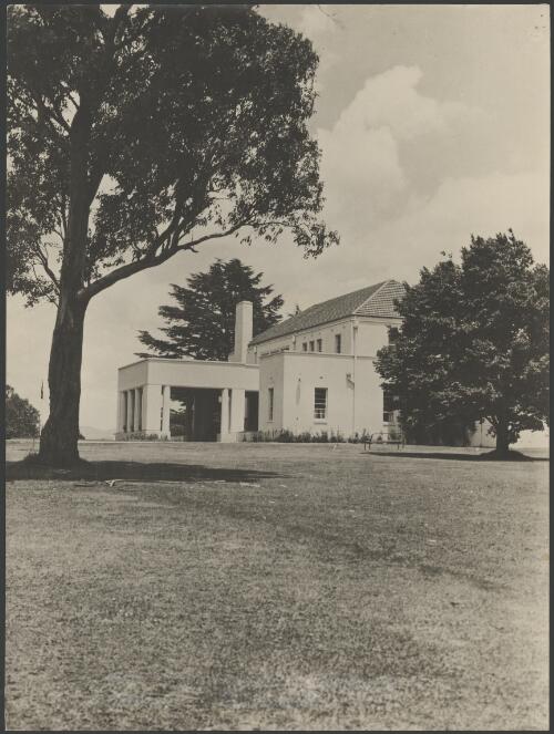 Entrance portico and the east side of the Governor-General's residence, Yarralumla, Canberra, ca. 1949, 2 [picture] / E.W. Searle