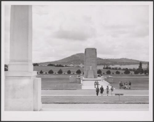 View of Mount Ainslie, the Australian War Memorial and the King George V monument from the front steps of old Parliament House, Canberra, ca. 1949 [picture] / E.W. Searle