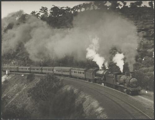 Double headed passenger train, near Brooklyn, Hawkesbury River region, New South Wales, ca. 1935, 1 [picture] / E.W. Searle