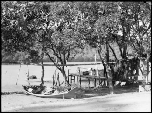 Nets drying beside a jetty, Hawkesbury River, New South Wales, ca. 1935, 1 [picture] / E.W. Searle