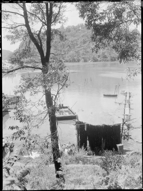 Nets drying beside a jetty, Hawkesbury River, New South Wales, ca. 1935, 2 [picture] / E.W. Searle