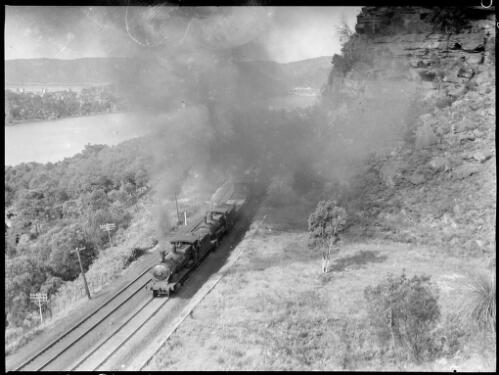 Double headed goods train, near Brooklyn, Hawkesbury River region, New South Wales, ca. 1935, 4 [picture] / E.W. Searle