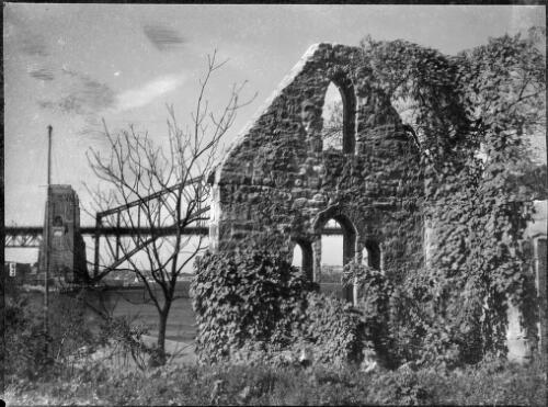 Church ruins with Sydney Harbour Bridge in the background, Sydney Harbour, ca. 1935, 1 [picture] / E.W. Searle