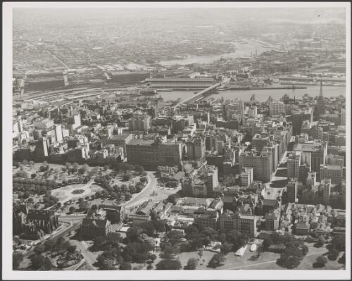 Aerial view of Hyde Park across to Ultimo, Sydney, ca. 1935 [picture] / E.W. Searle