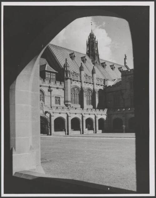 Fisher Library viewed through the arches inside the Quadrangle, University of Sydney, Camperdown, Sydney, ca. 1935, 1 [picture] / E.W. Searle
