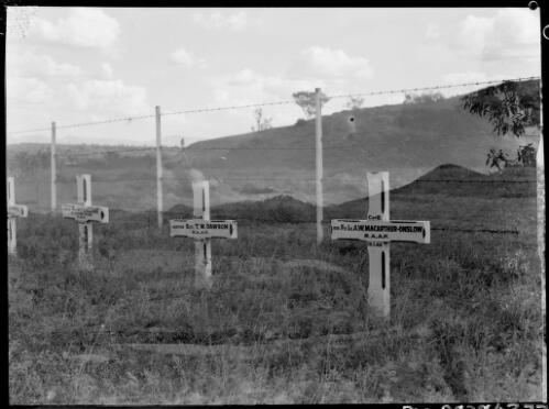 Grave markers for Flight Lieutenant A.W. Macarthur-Onslow, Sergeant T.M. Dawson and Private W.T. Collins, Tamworth, New South Wales, ca. 1950 [picture] / E.W. Searle