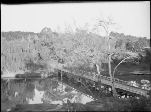 Mrs Searle crossing a wooden bridge, Australia, ca. 1945 [picture] / E.W. Searle