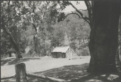 Timber slab hut in rural setting [picture] / E.W. Searle