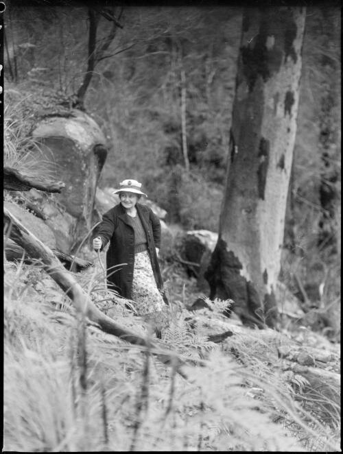 Mrs Searle beside a tree trunk, Oxford Falls, Sydney, 1945, 1 [picture] / E.W. Searle