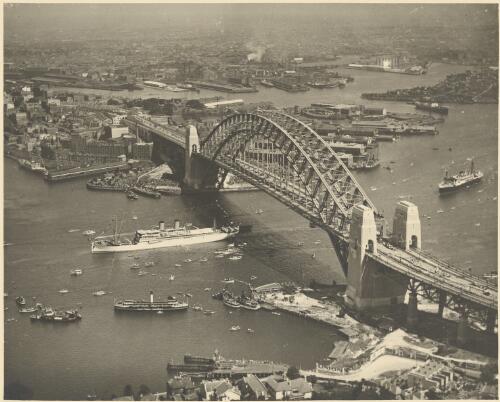 Northern aerial view of the bridge opening ceremony, Sydney Harbour Bridge, 1933 [picture] / E.W. Searle