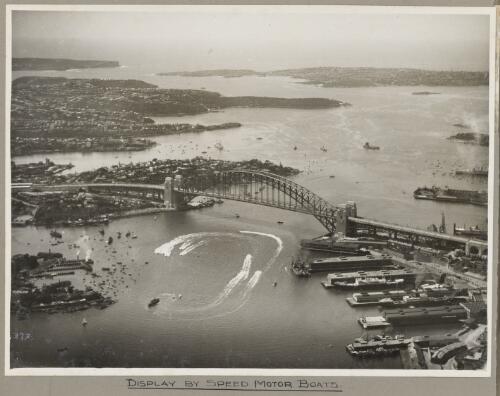 Sydney Harbour Bridge and display of speed boats, 19 March 1932 [picture] / E. W. Searle