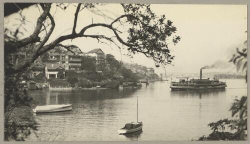 Dwellings and a ferry coming in to dock, Mosman Bay, New South Wales, ca. 1935 [picture] / Edward Searle